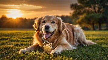 A golden retriever resting on grass at sunset, wearing a medal. photo