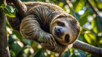 A close-up of a sloth hanging from a tree branch amidst lush green leaves. photo