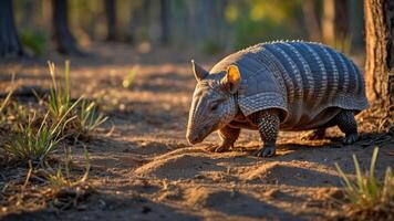 A close-up of an armadillo walking on a forest path during golden hour. photo