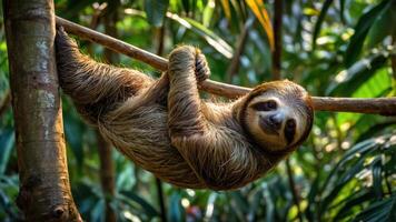 A sloth hanging from a branch in a lush, green environment. photo