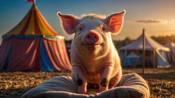 A cheerful pig lounging on a cushion near a colorful circus tent at sunset. photo
