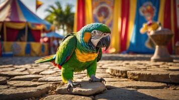 A colorful parrot stands on a stone in a vibrant circus setting. photo
