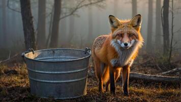A fox stands beside a metal bucket in a misty forest setting at dawn. photo