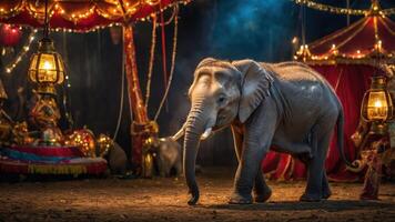 A serene elephant in a vibrant circus setting, illuminated by lanterns and decorations. photo