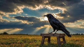 A crow perched on a small stool against a dramatic sky with rays of sunlight breaking through clouds. photo
