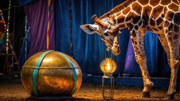 A giraffe curiously examines a glowing lantern beside a large ball in a circus setting. photo