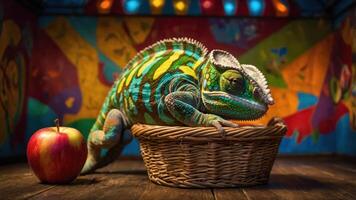 A colorful chameleon resting in a basket beside a red apple, set against a vibrant background. photo