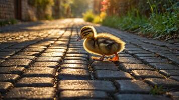 A duckling walks along a sunlit cobblestone path, showcasing nature's charm. photo