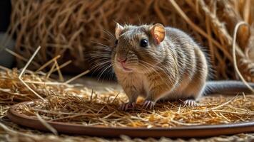 A close-up of a small rodent on straw, showcasing its features and natural habitat. photo