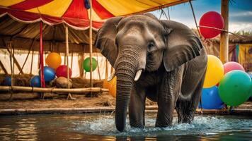 An elephant plays in water under a colorful circus tent surrounded by balloons. photo