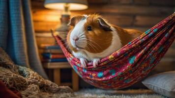 A guinea pig relaxing in a colorful hammock in a cozy indoor setting. photo