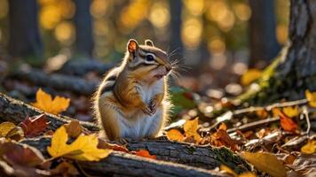 A chipmunk amidst autumn leaves in a forest setting. photo