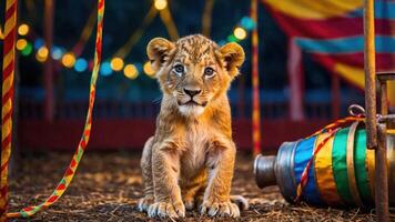 A young lion cub sits in a colorful circus setting, surrounded by festive decorations. photo