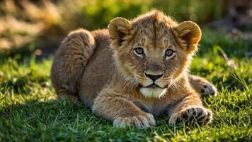 A close-up of a young lion cub resting on green grass. photo