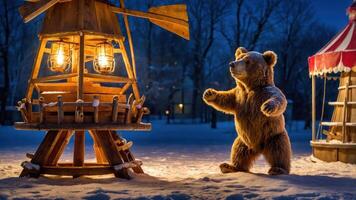 A bear stands near a wooden structure with lanterns in a snowy landscape at dusk. photo