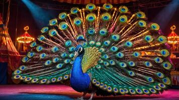 A vibrant peacock displaying its feathers in a circus-like setting. photo
