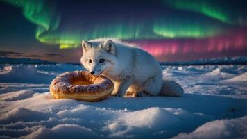 A white fox enjoys a donut under the colorful northern lights in a snowy landscape. photo