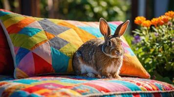 A rabbit sits on a colorful quilted cushion in a vibrant garden setting. photo