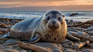 A seal resting on a rocky beach with a sunset backdrop. photo