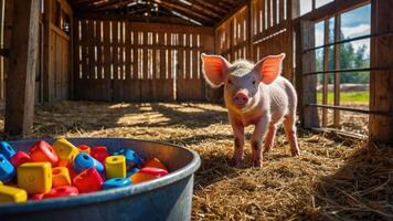 A playful piglet stands in a barn with colorful blocks nearby. photo