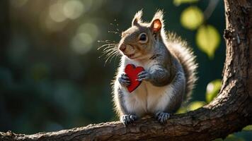A squirrel holding a red heart on a tree branch, conveying a message of love and affection. photo