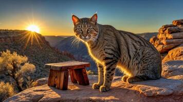 A bobcat sits on a rock ledge at sunrise, overlooking a scenic canyon landscape. photo