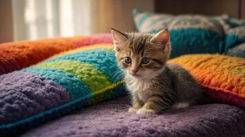 A cute kitten sitting on colorful pillows in a cozy indoor setting. photo