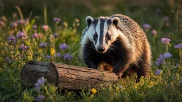 A badger exploring a grassy field adorned with colorful wildflowers. photo