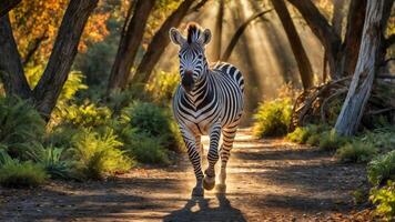 A zebra walks along a sunlit path framed by trees in a serene natural setting. photo