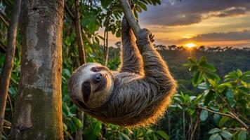 A sloth hanging from a tree branch at sunset, showcasing its relaxed demeanor in nature. photo