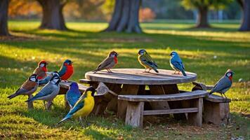 A group of colorful birds gathered around a wooden picnic table in a park setting. photo