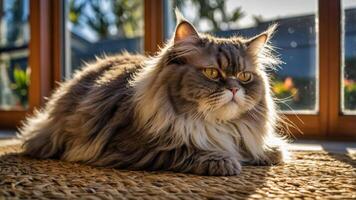 A fluffy cat lounging in sunlight by a window, creating a serene and cozy atmosphere. photo