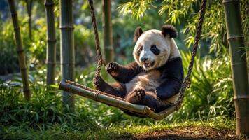 A panda joyfully swinging on a bamboo swing in a lush green environment. photo