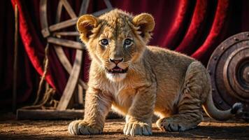 A playful lion cub poses in a vibrant setting with props. photo
