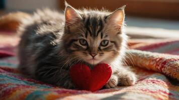 A fluffy kitten rests with a red heart on a colorful blanket, exuding warmth and affection. photo