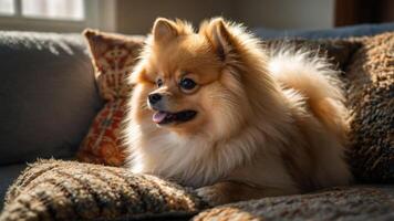 A fluffy Pomeranian resting on a couch among decorative pillows. photo