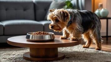 A small dog curiously approaches its food bowl on a stylish coffee table in a cozy living room. photo