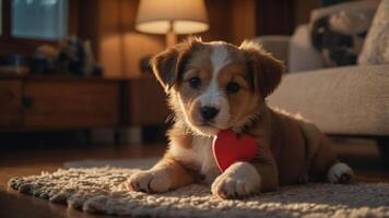 A playful puppy with a heart-shaped tag relaxing on a cozy rug in warm lighting. photo