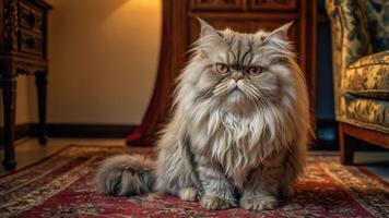 A fluffy Persian cat sitting on a rug in a cozy room. photo