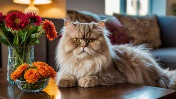 A fluffy Persian cat rests beside a vibrant bouquet of flowers on a wooden table. photo