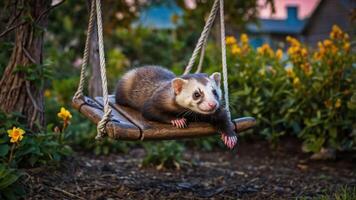 A playful ferret lounging on a wooden swing surrounded by vibrant flowers. photo