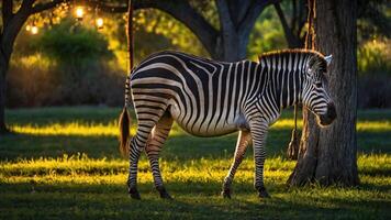 A zebra stands gracefully in a sunlit park, surrounded by trees and soft grass. photo