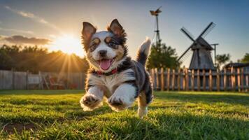 A playful puppy joyfully runs in a grassy field during sunset, with a windmill in the background. photo