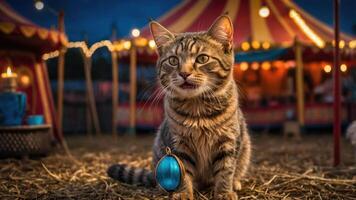 A playful cat sits in a circus setting, adorned with an ornament, amidst festive lights. photo