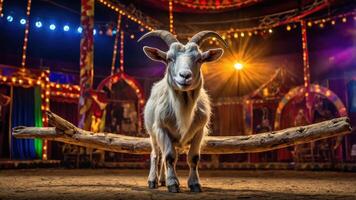 A goat balancing on a log in a colorful circus setting, highlighting animal performance. photo