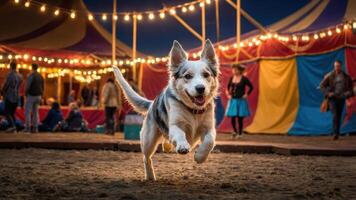 A joyful dog runs through a colorful circus setting with lights and people in the background. photo