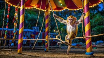 A monkey performs on a swing in a colorful circus setting, illuminated by lights. photo