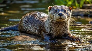 A playful otter resting on a rock in a serene stream. photo