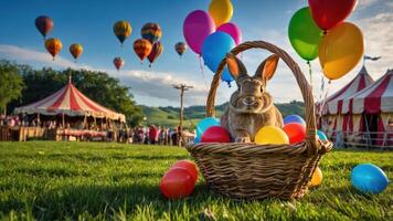 A cheerful rabbit sits in a basket surrounded by colorful balloons at a festive outdoor event. photo
