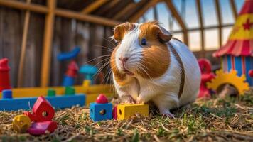 A guinea pig playing with colorful toys in a playful setting. photo